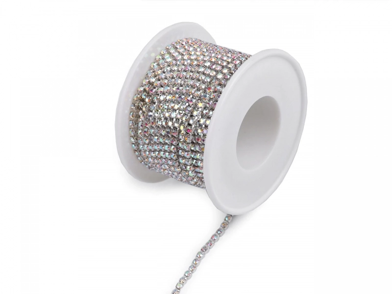 Štrasový prýmek / borta 2,4 mm - crystal AB stříbrná